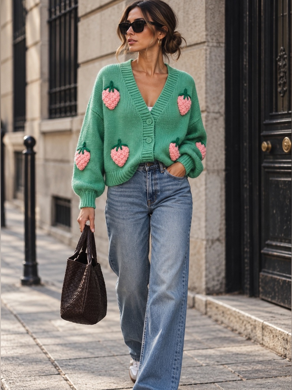 Luna Ivy Green Pink Strawberry Appliqué Knit Cardigan Size Large